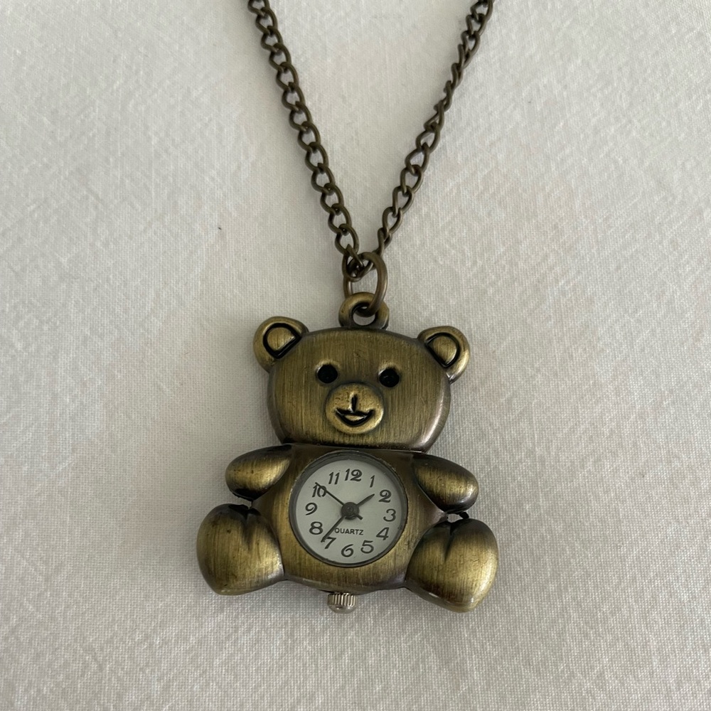 Vintage Gold Tone Teddy Bear Pendant Watch Necklace Novelty Quartz